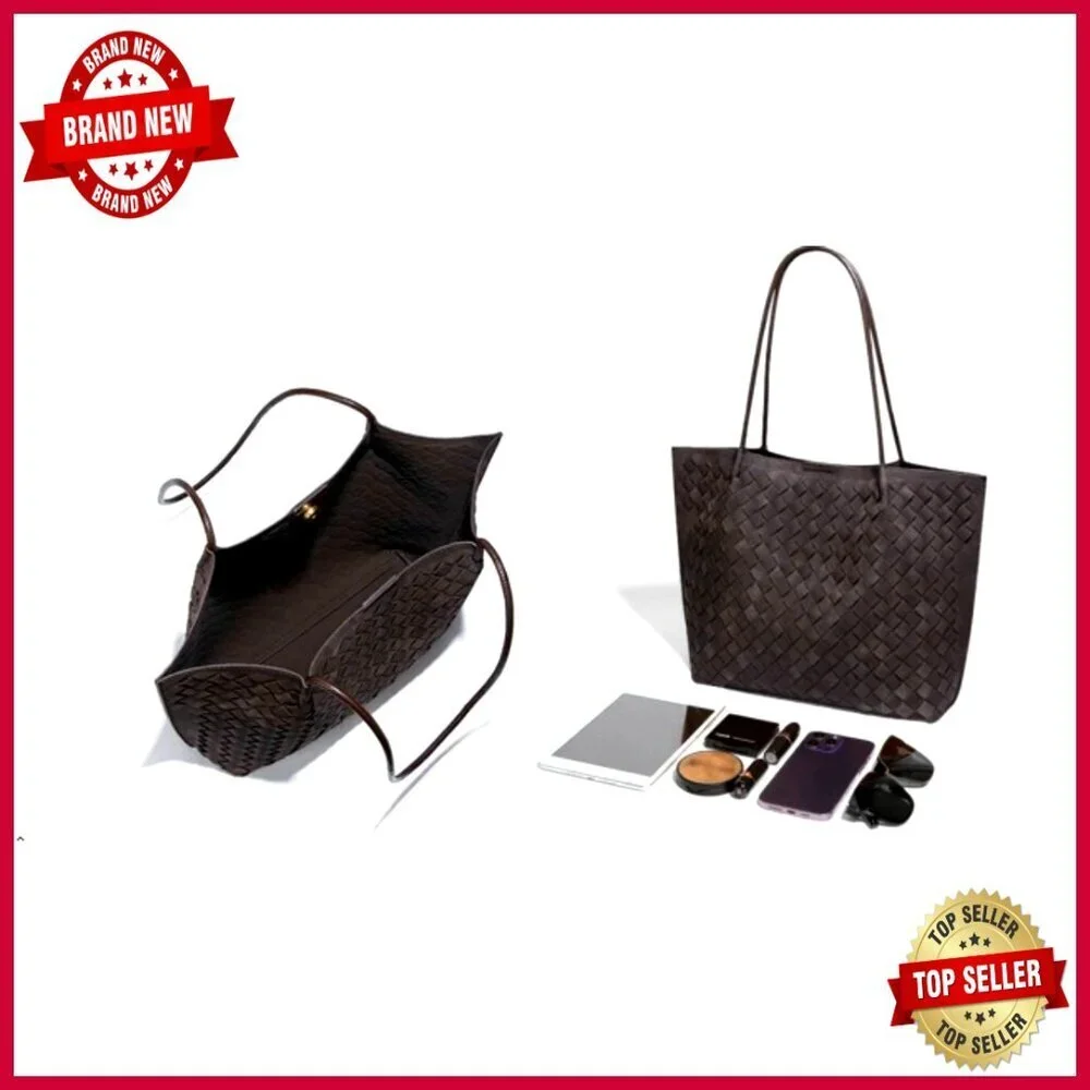 Large Woven Leather Tote Bag with Bonus Pouch, Spacious Work Handbag